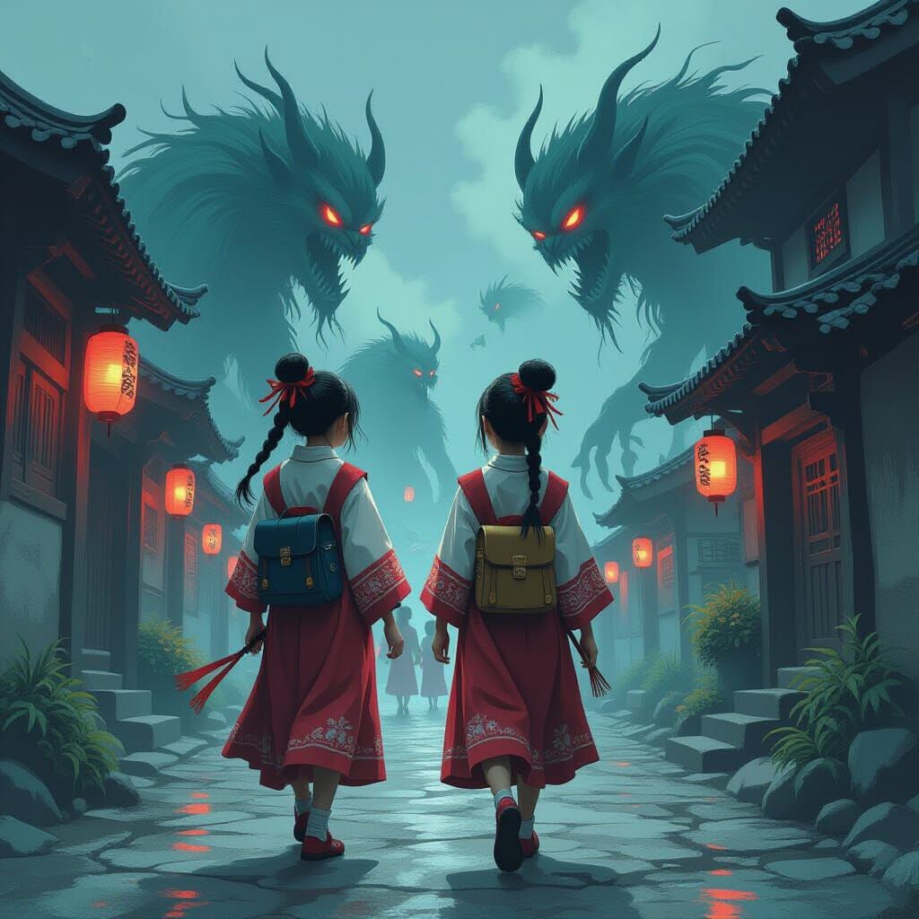 Taiwanese Girls Attacked by Monsters in Dark Fantasy Style