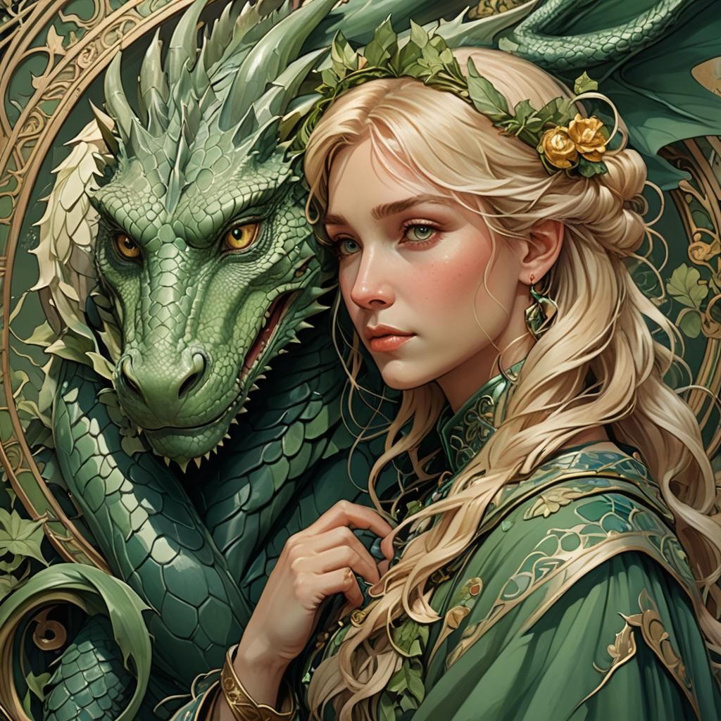 Woman and Dragon Portrait in Art Nouveau Style