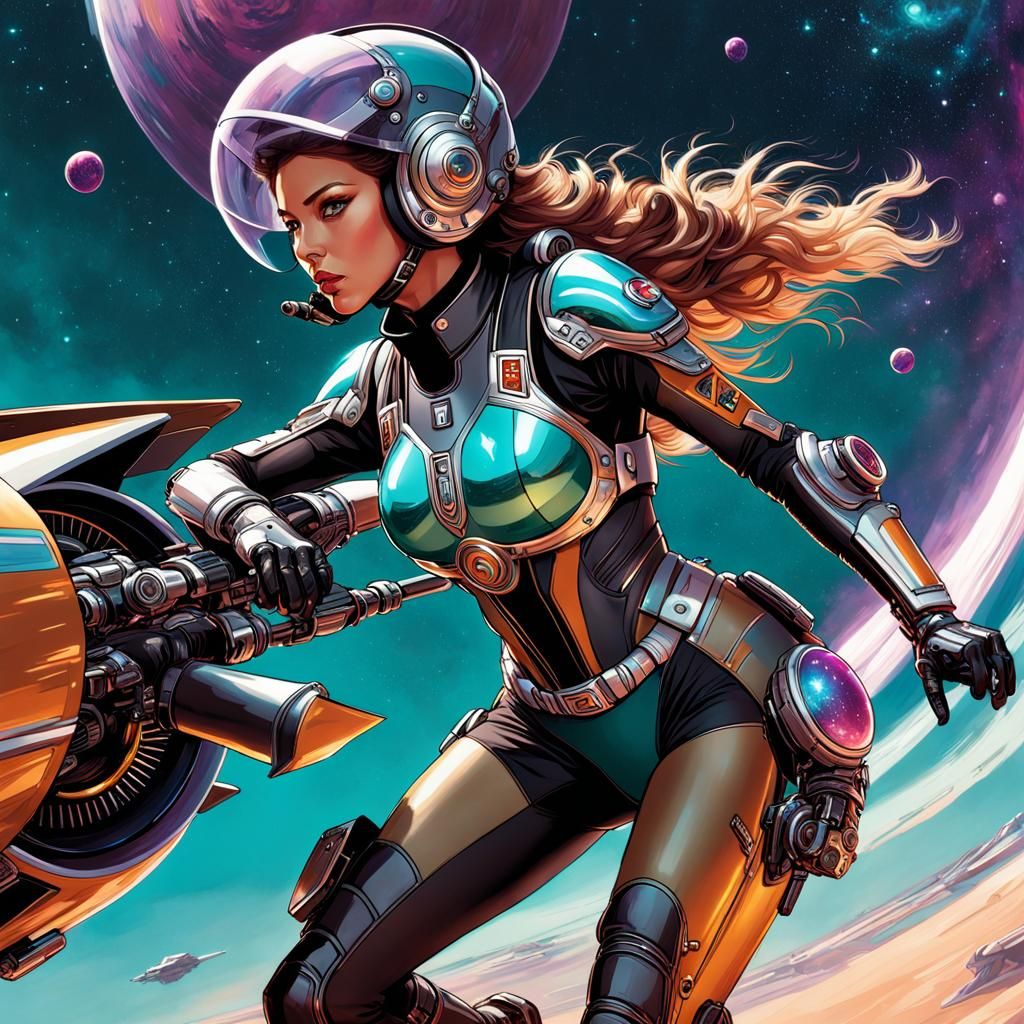 Futuristic Woman Races Speedercraft in Art Nouveau Style