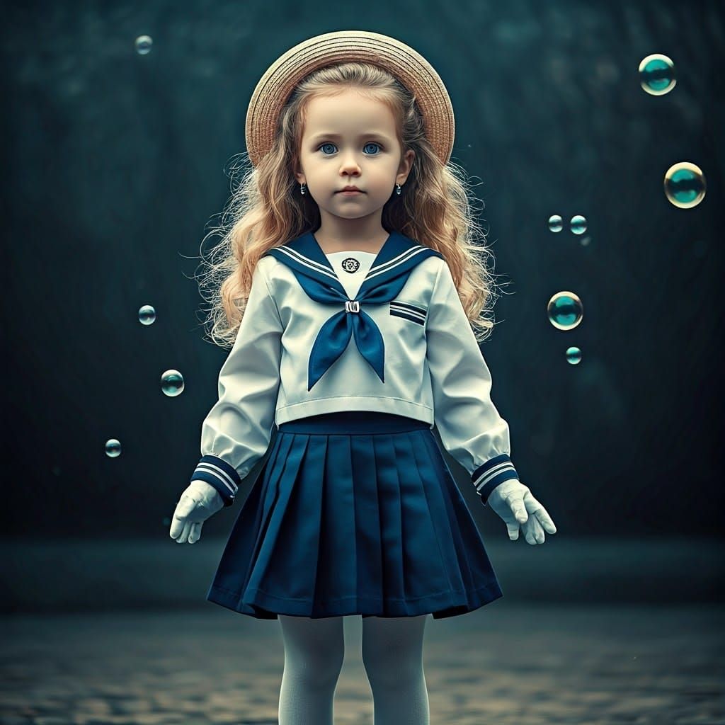 Whimsical Sailor Girl Surrounded by Bubbles in a Cinematic S...