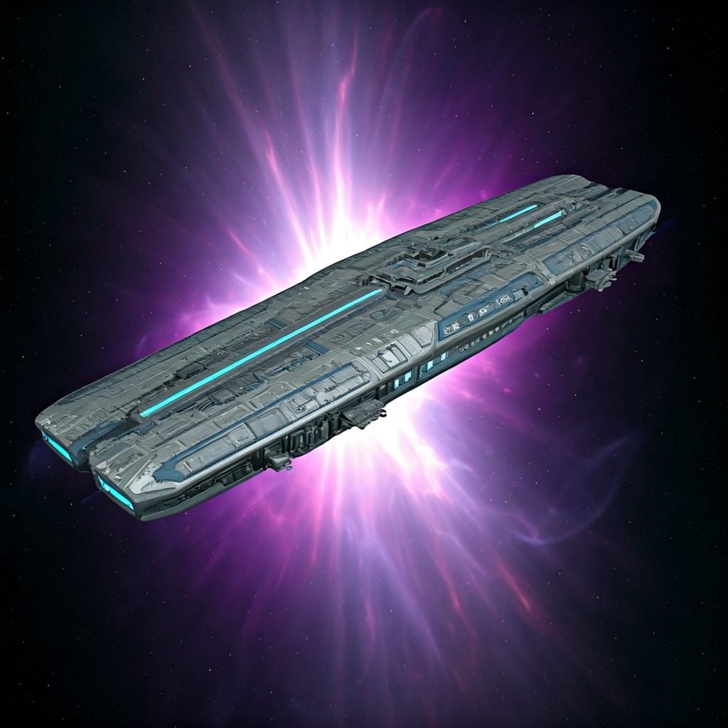 Futuristic Starship Soaring Through Purple Nebula