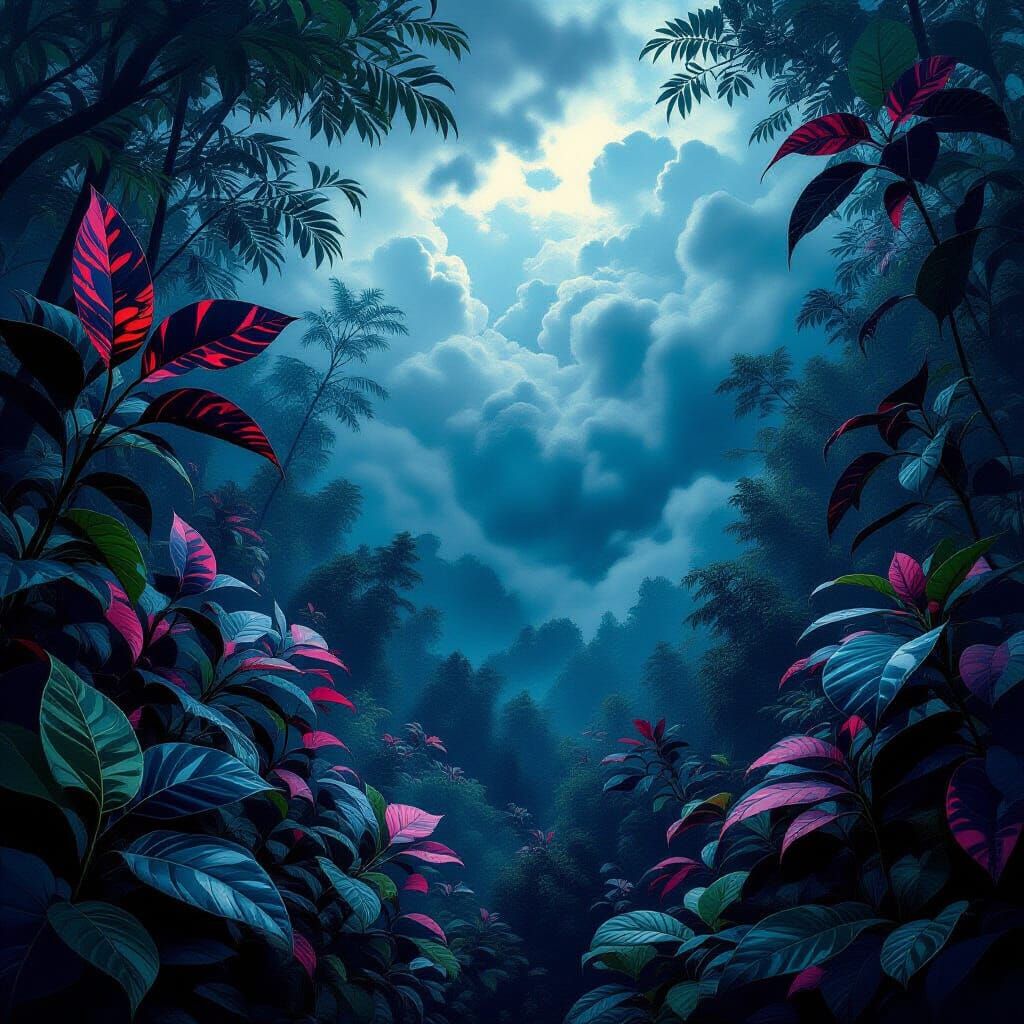 Glass and Velvet Forest Under Stormy Sky