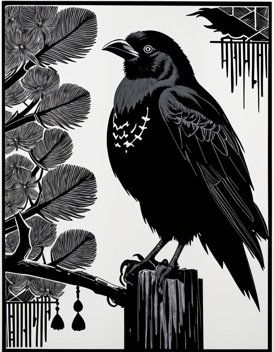 Black ink block print image of a carrion crow