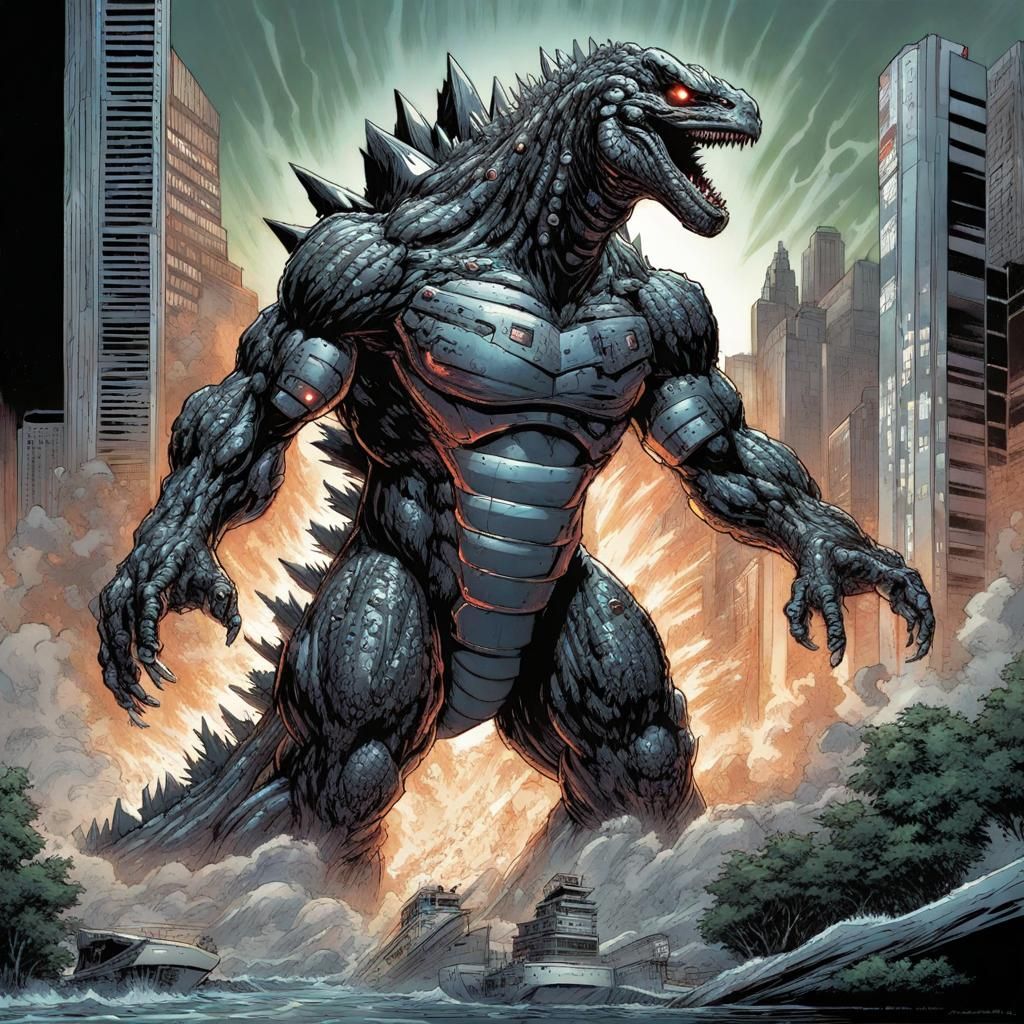 Cyborg Godzilla in Comic Book Art Style