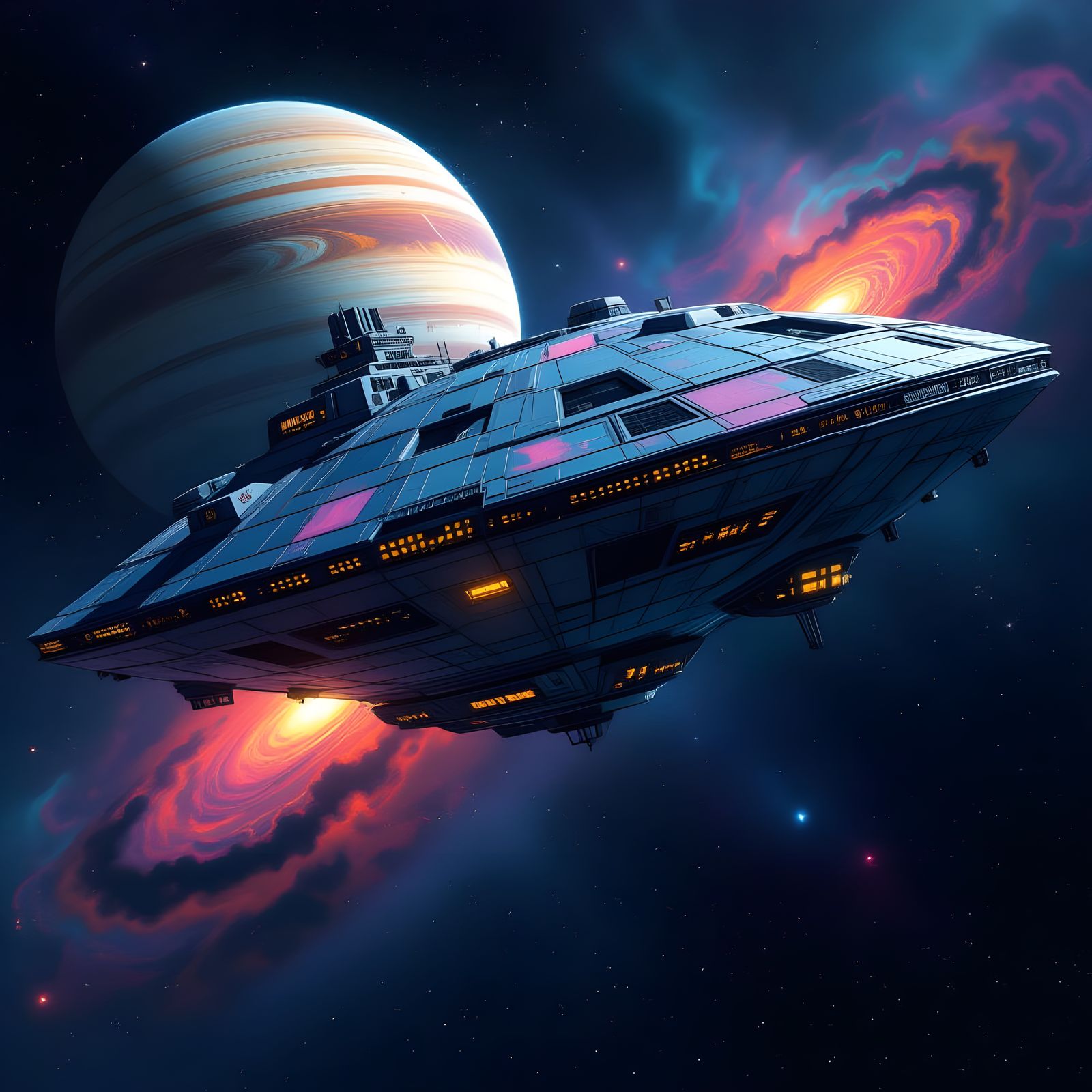 Ancient Spaceship Drifts Near Neptune in Street Art Style