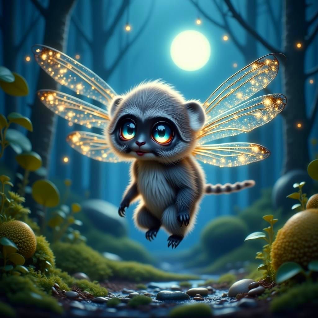 Mystical Fairy Chibi Monkey Hybrid Under Moonlit Mist