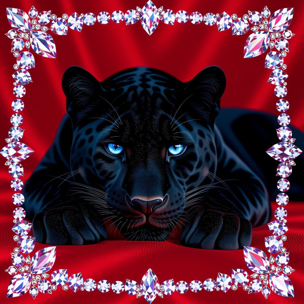 Majestic Black Panther with Ice-Blue Eyes on Red Background