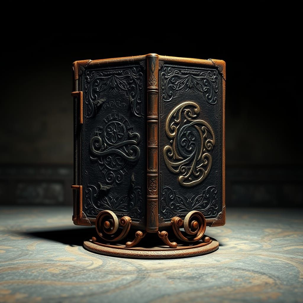 Mysterious Necronomicon Book on Ornate Stand