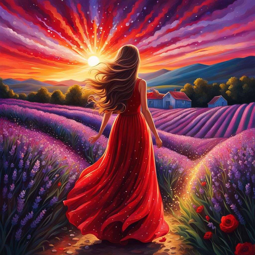 Sparkling Woman in Lavender Field: Graffiti Art