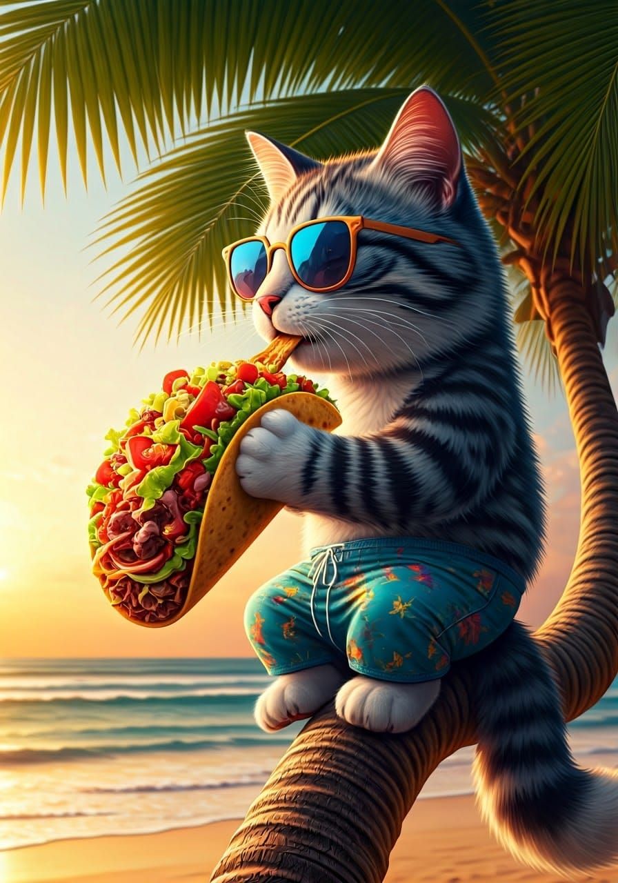 Cartoon Cat Enjoys Taco on Tropical Beach