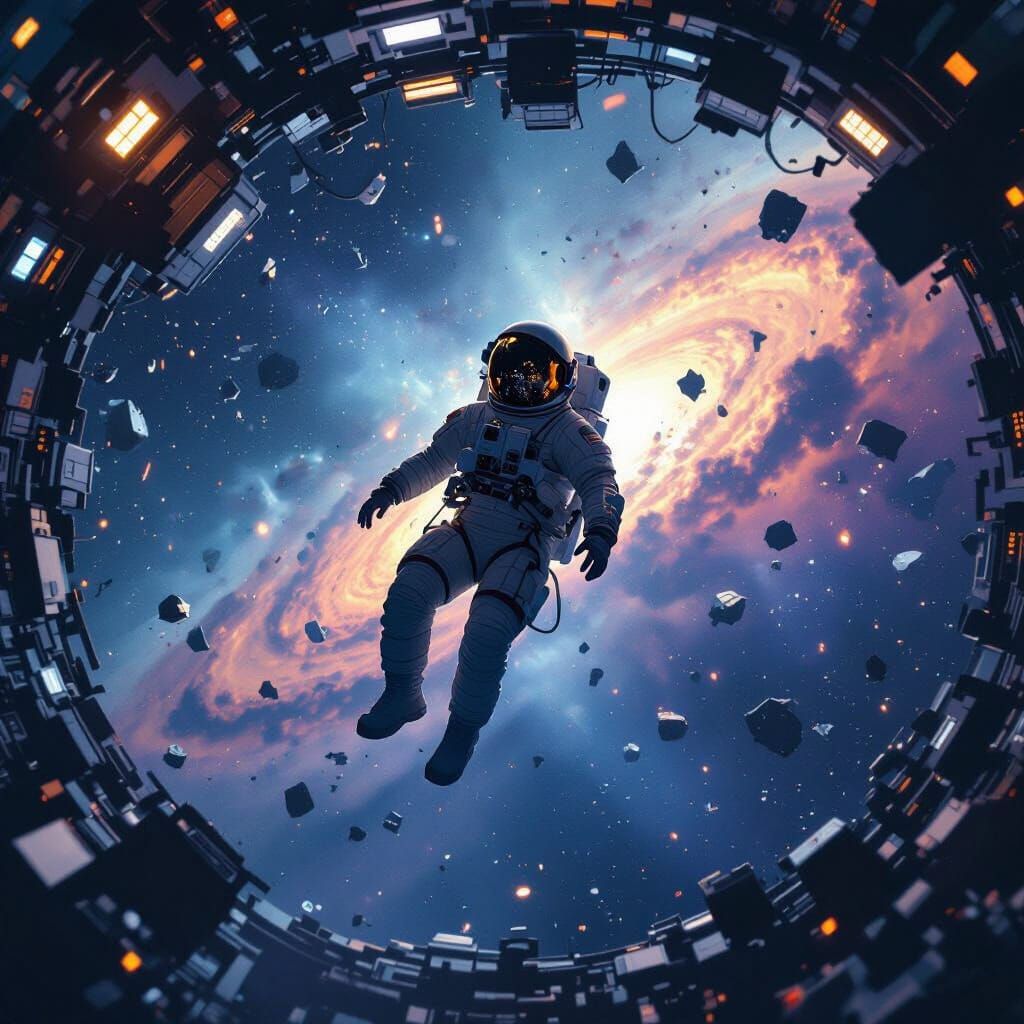 Astronaut Silhouetted Near Damaged Space Station