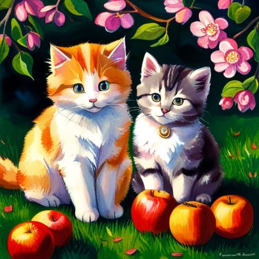 Cute Kittens in Apple Orchard, Anime Style