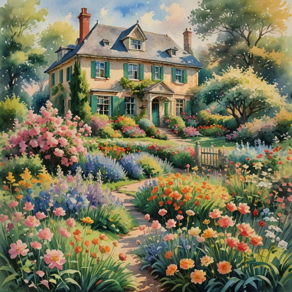 House in a Vibrant Garden, Watercolor Dutch Master Style