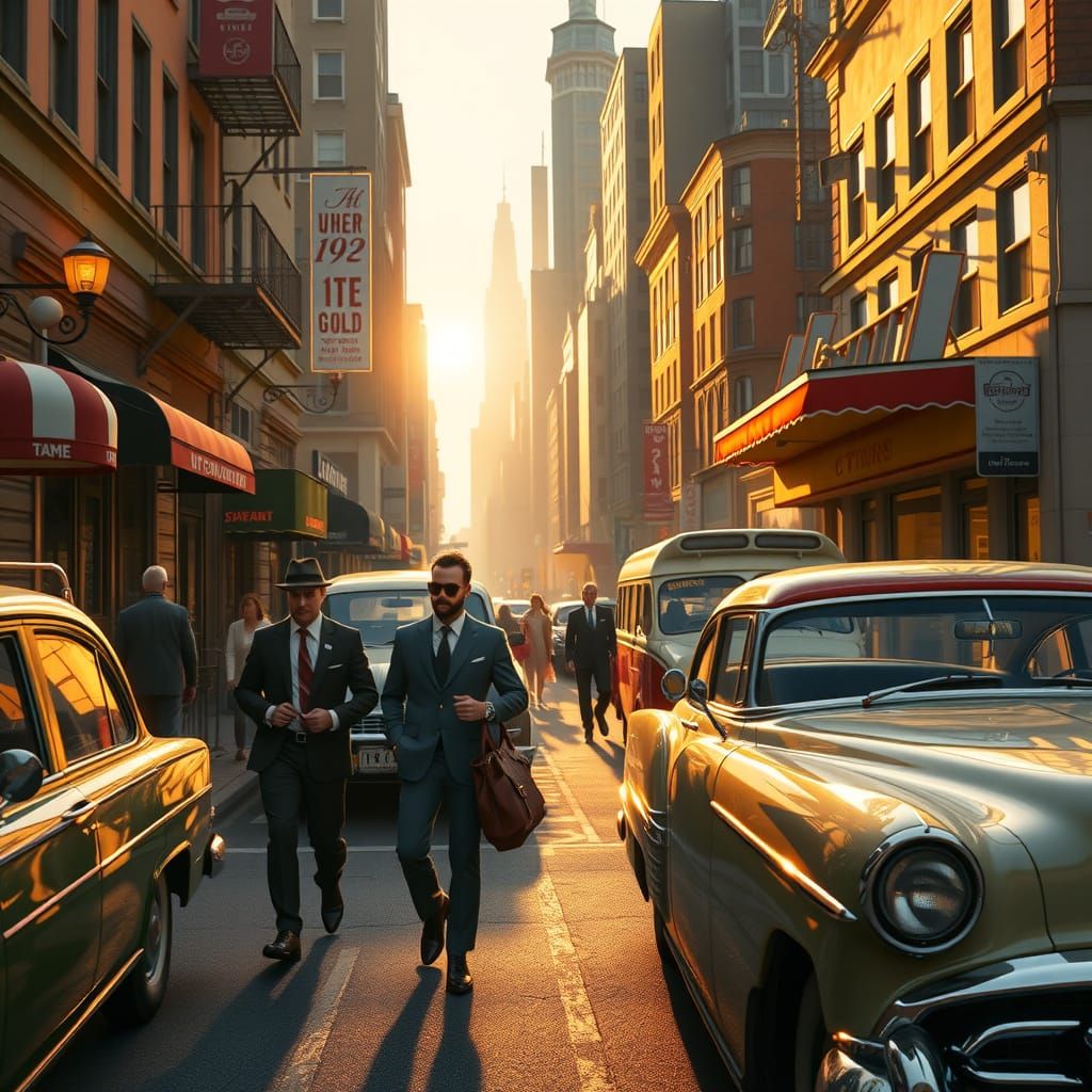 1950s City Street Scene at Golden Hour