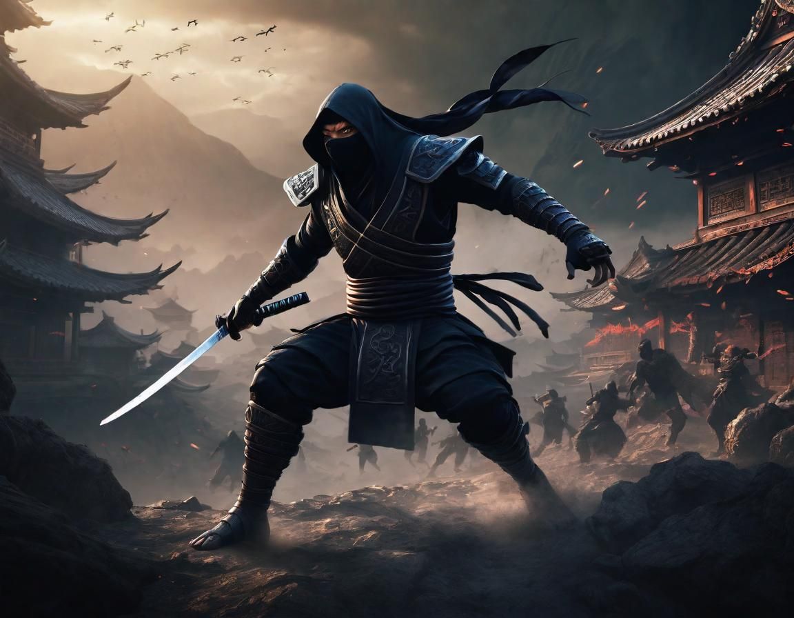 Epic Ninja Shadow Titan Battle in Dark Fantasy