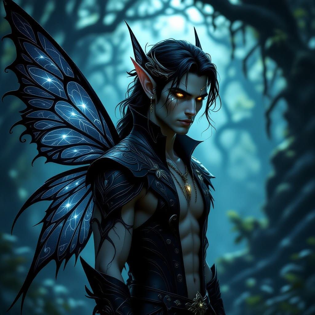 Dark Fantasy Male Fairy with Black Leather Wings