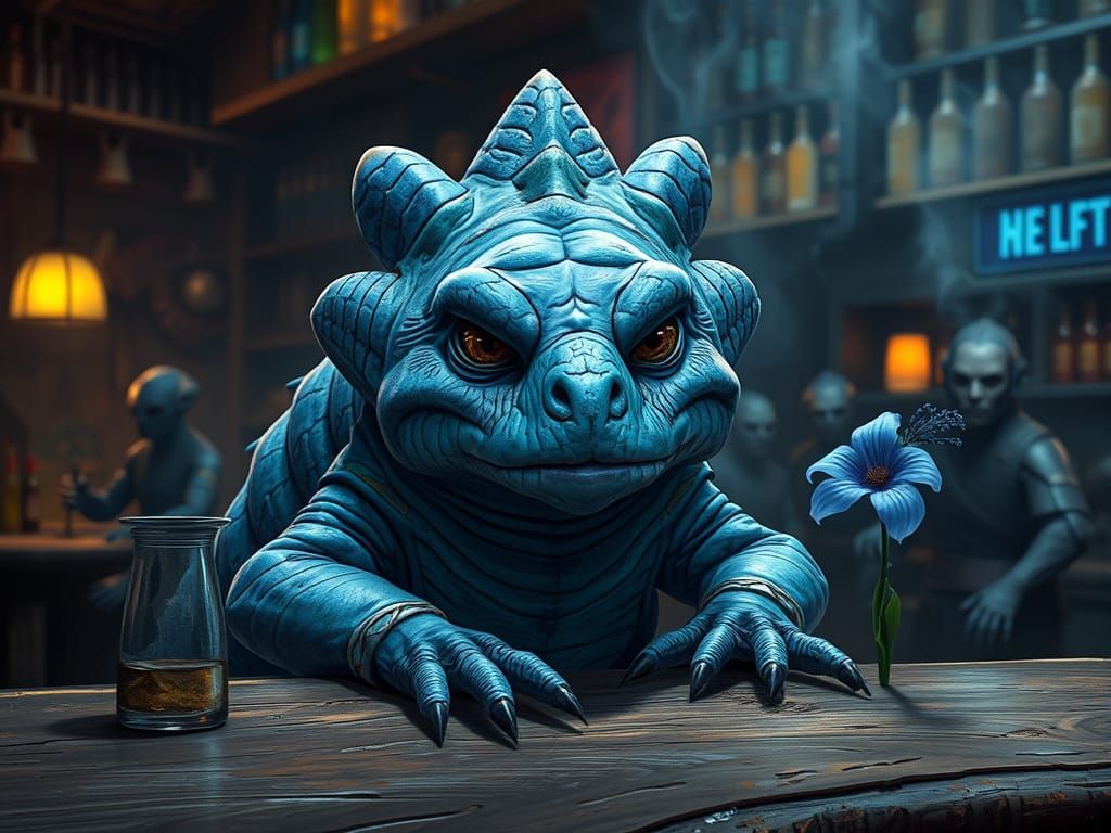 Grumpy Blue Armadillo in a Space Cantina