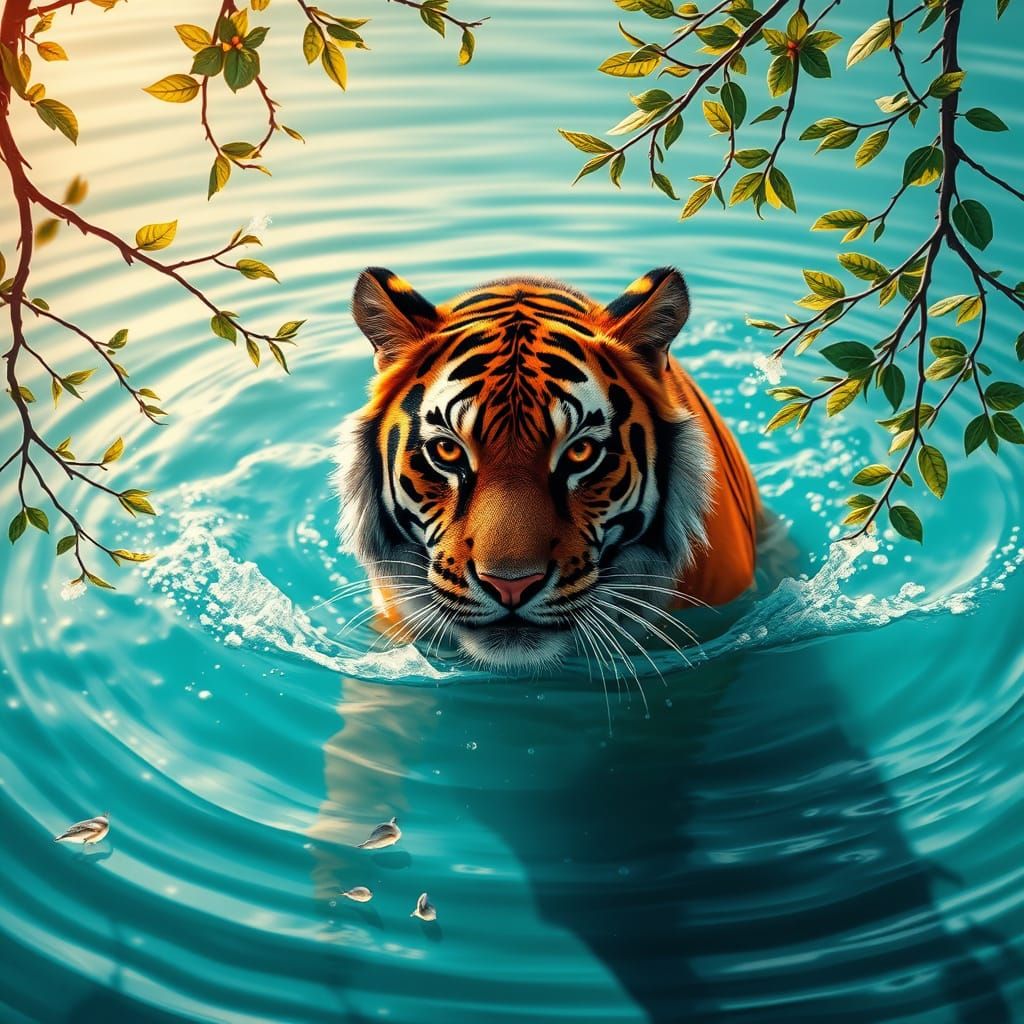 Majestic Tiger Emerges from Turquoise Water in Vibrant Oil G...