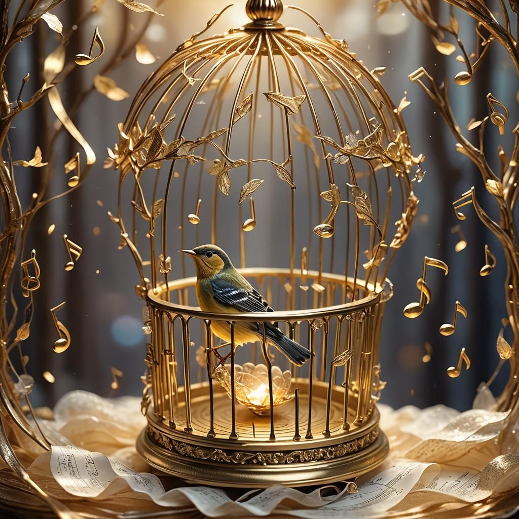 Golden Songbird in Fairy Cage: A Fine Art Piece