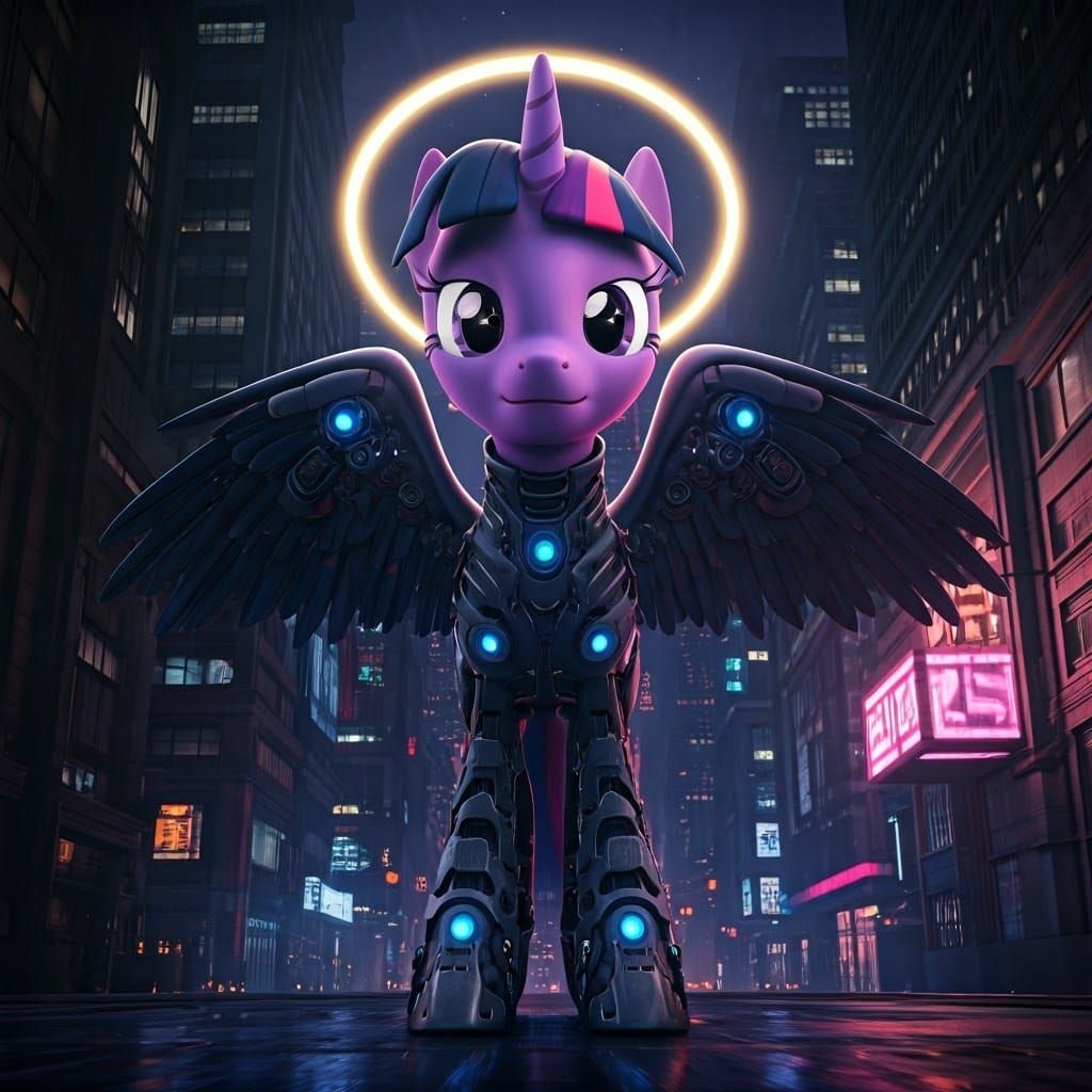 Heroic Soul Reaper Twilight Sparkle in Cyberpunk Cityscape