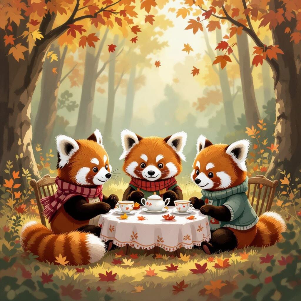 Red Pandas Enjoy Cozy Tea Party in Autumn Forest