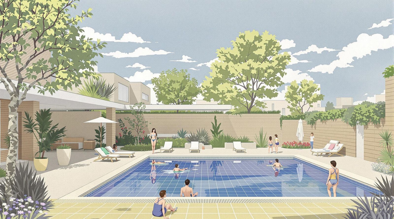 Retro Futuristic Courtyard with Vibrant Poolside Oasis