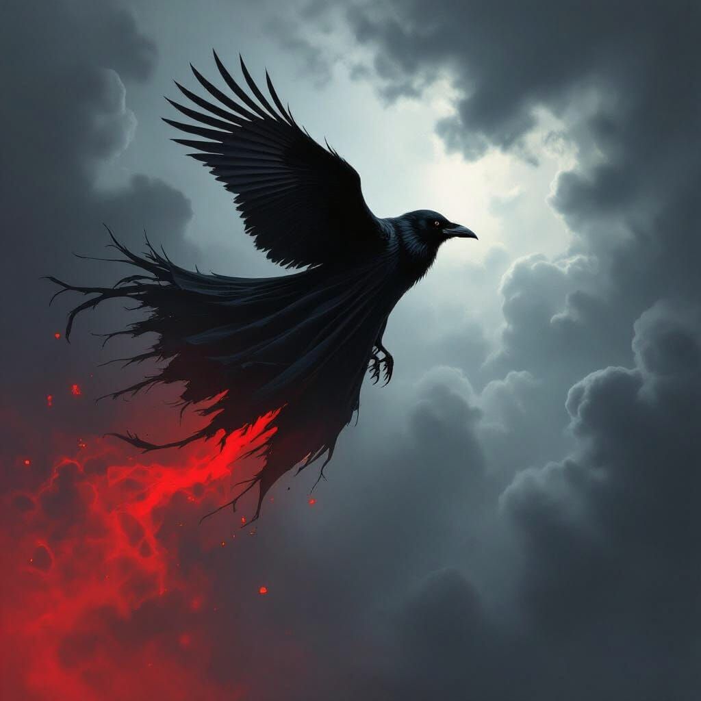 Crow in Flight Amidst Red Mist: Gothic Art