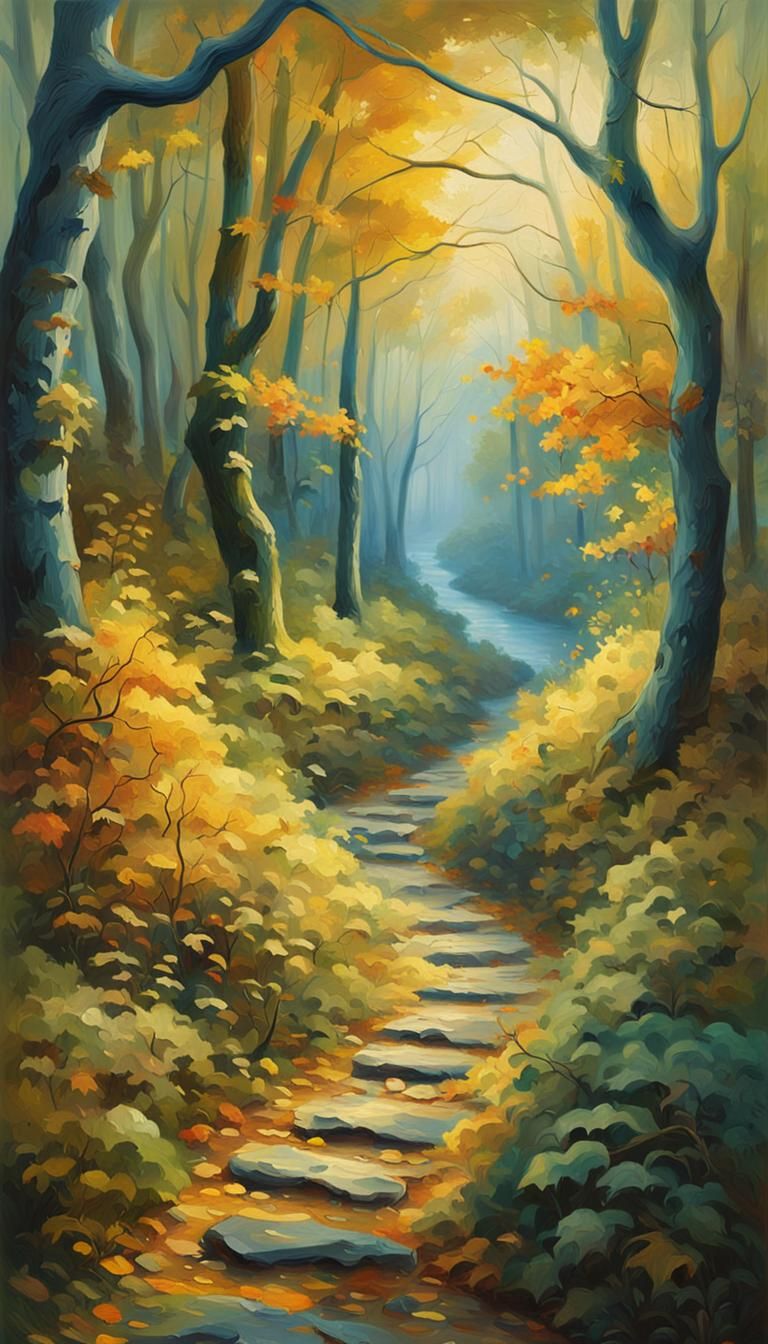 Autumn Forest Path Meets Ocean, Oil Painting