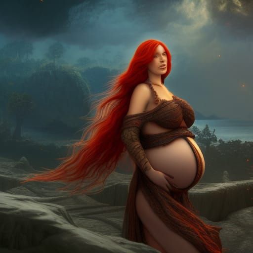 Redhead with Pregnant Belly: Detailed Matte Painting