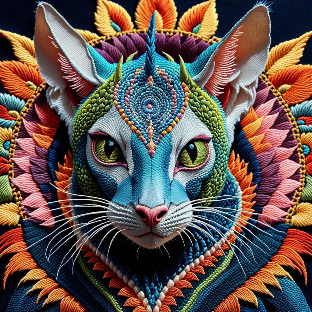 Embroidered Cat-Iguana in Kaleidoscopic Colors