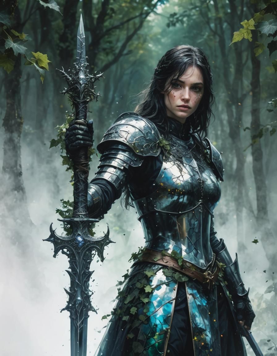 Female Knight with Excalibur in Double Exposure Style