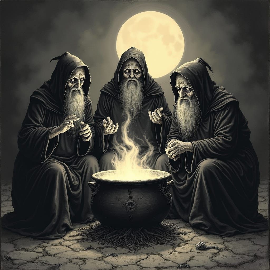 Three Ancient Crones by Moonlight - Dark Fantasy Art
