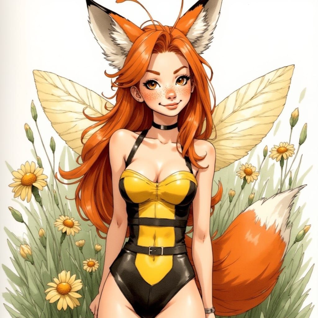 Fox-girl Vixen wearing a bee fairy costume.