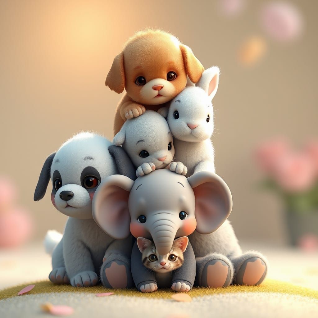 Whimsical Baby Animal Pyramid in Anime Style