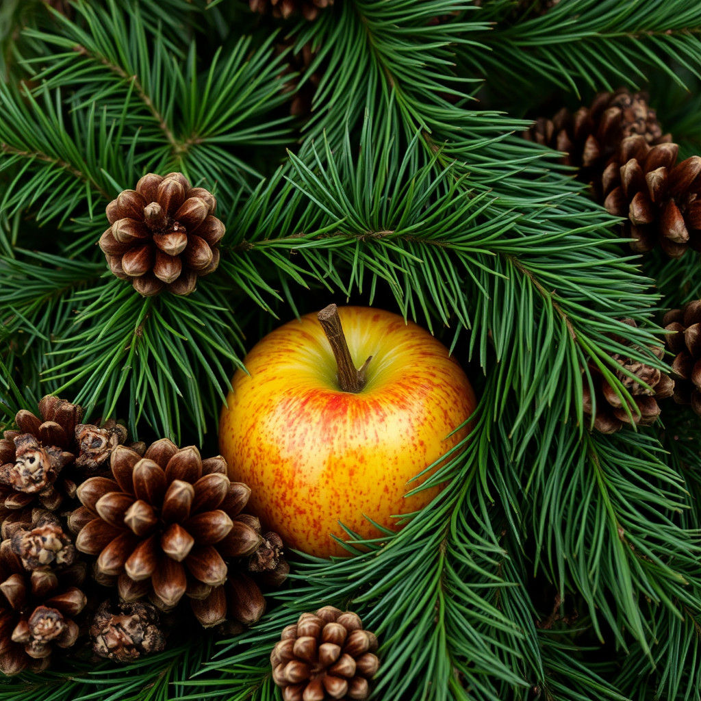 Golden Apple with Pine Cones in Natural Arrangement