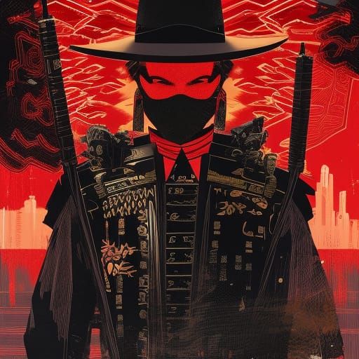 Cyberpunk Samurai Western Illustration in Gritty Style