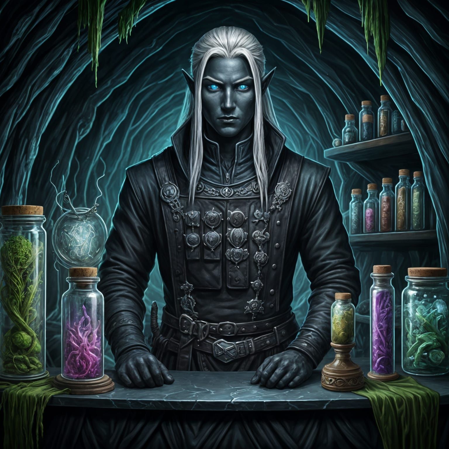 Drow Alchemist Merchant in Dark Fantasy Portrait
