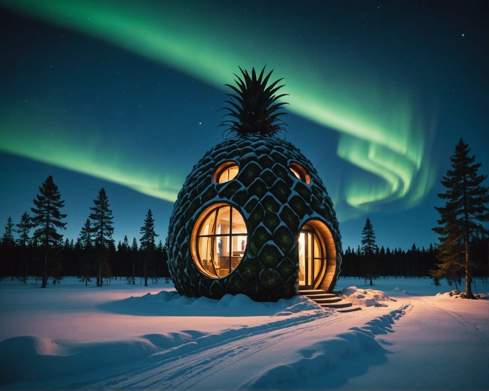 Pineapple House Under Aurora Borealis in Finland