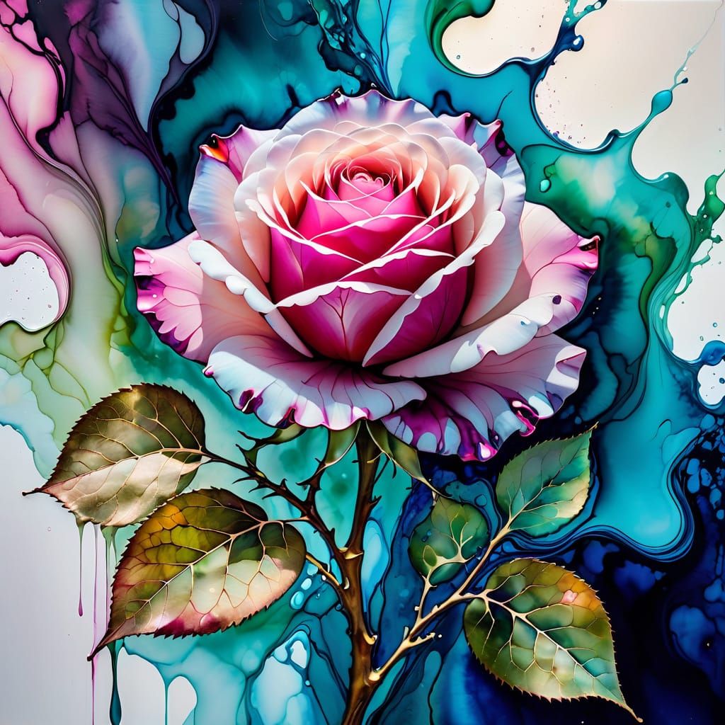 abstract alcohol ink painting, with a single blooming rose d...