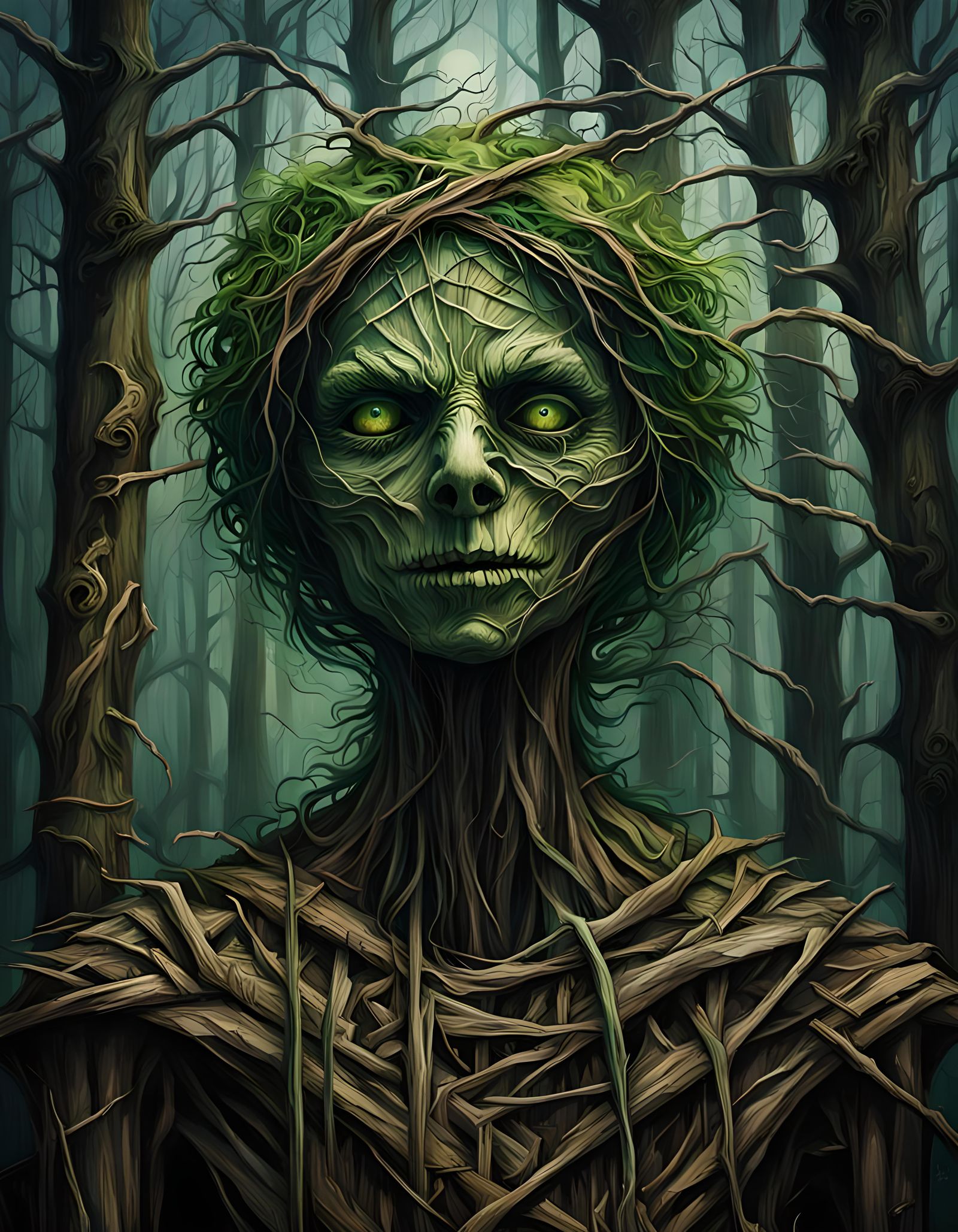 Surreal Scarecrow Portrait in Dark Forest