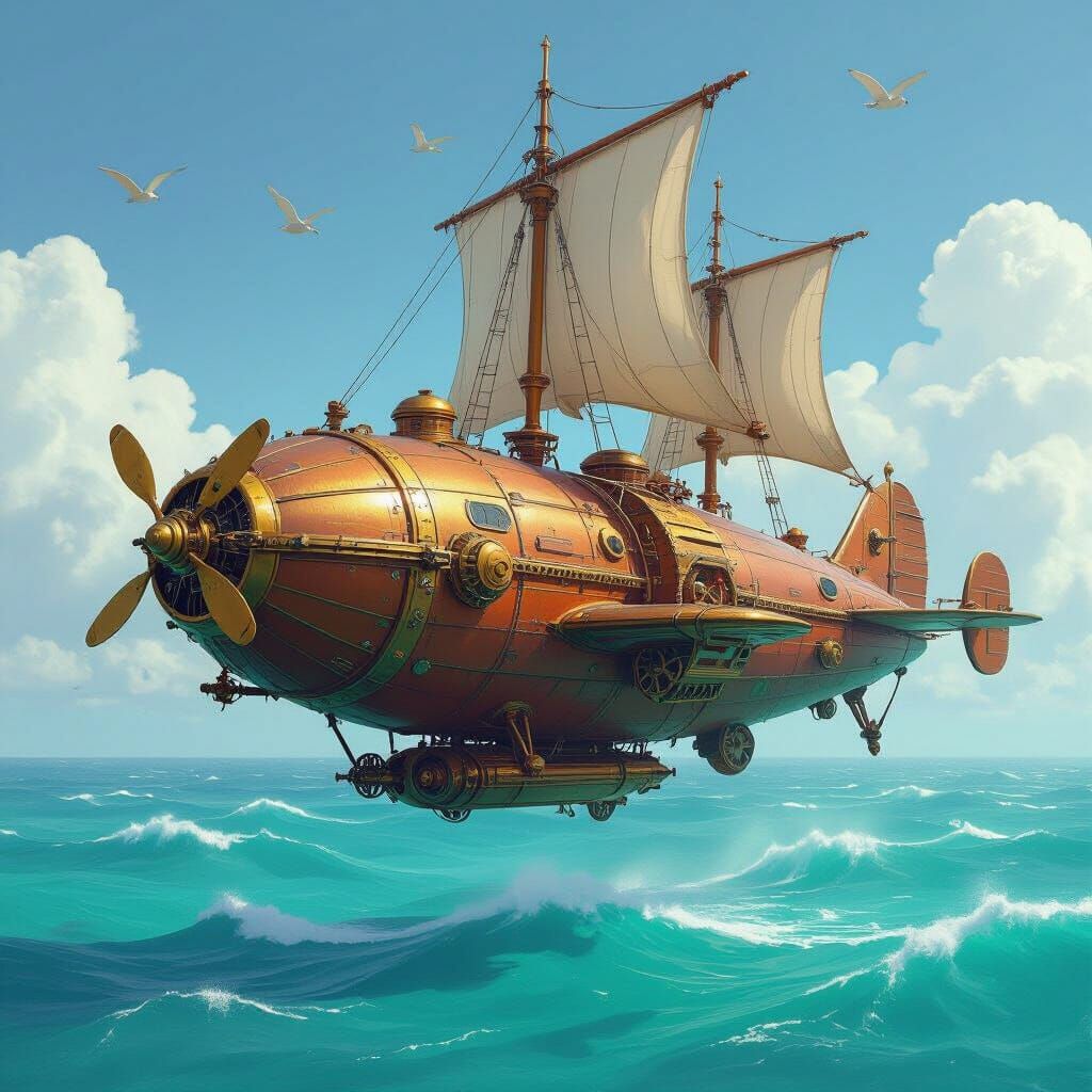 Steampunk Airship Soaring Above Turquoise Ocean
