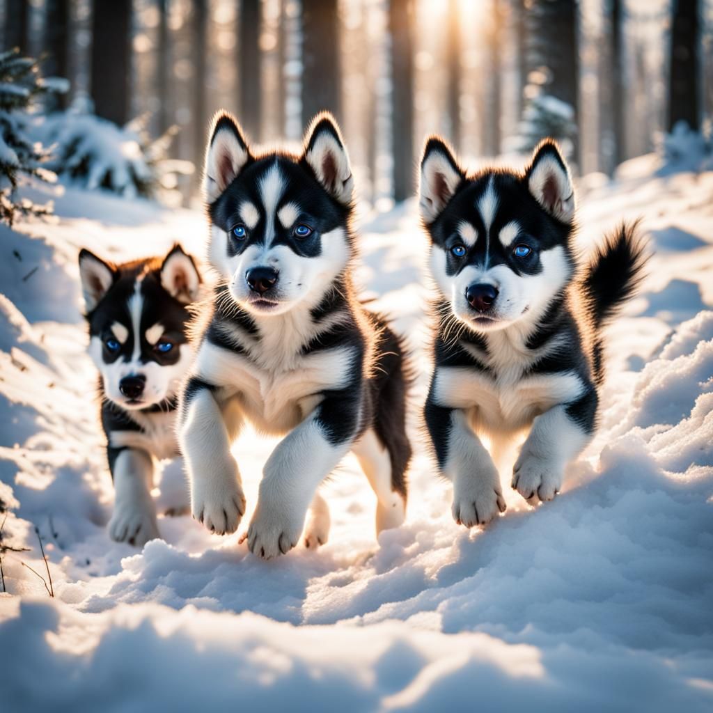 Husky Puppies Play in Sunny Forest Clearing