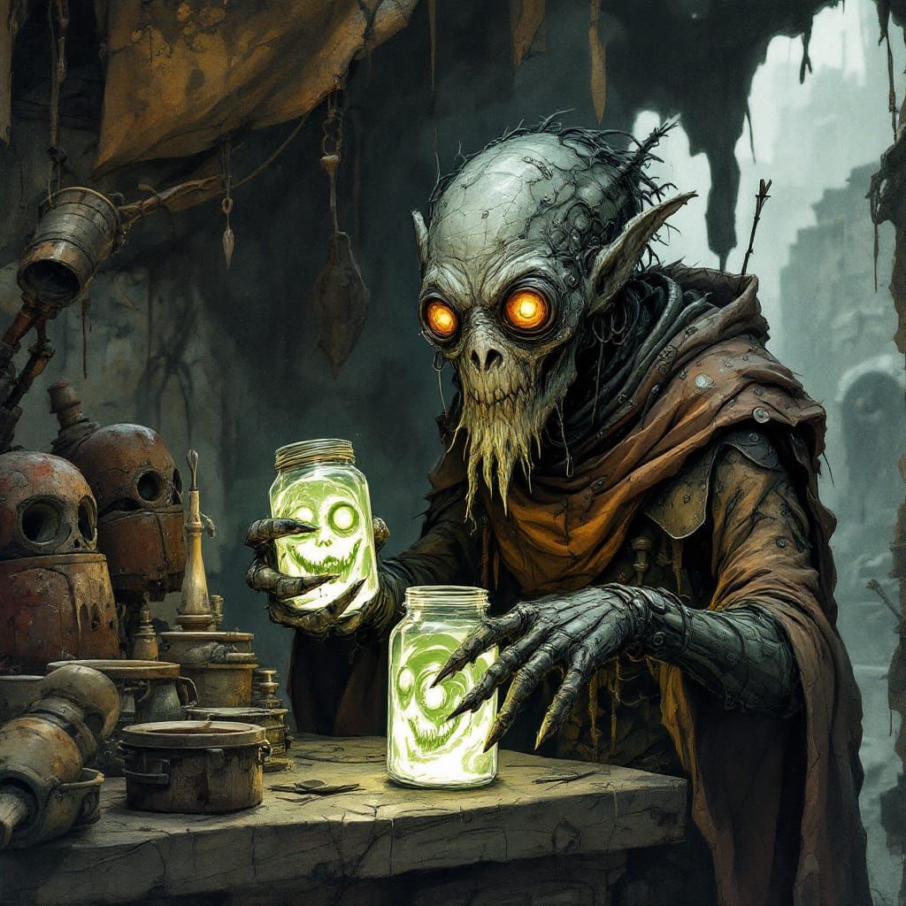Goblin Offers Jar with Swirling Green Face in Gritty Junk St...