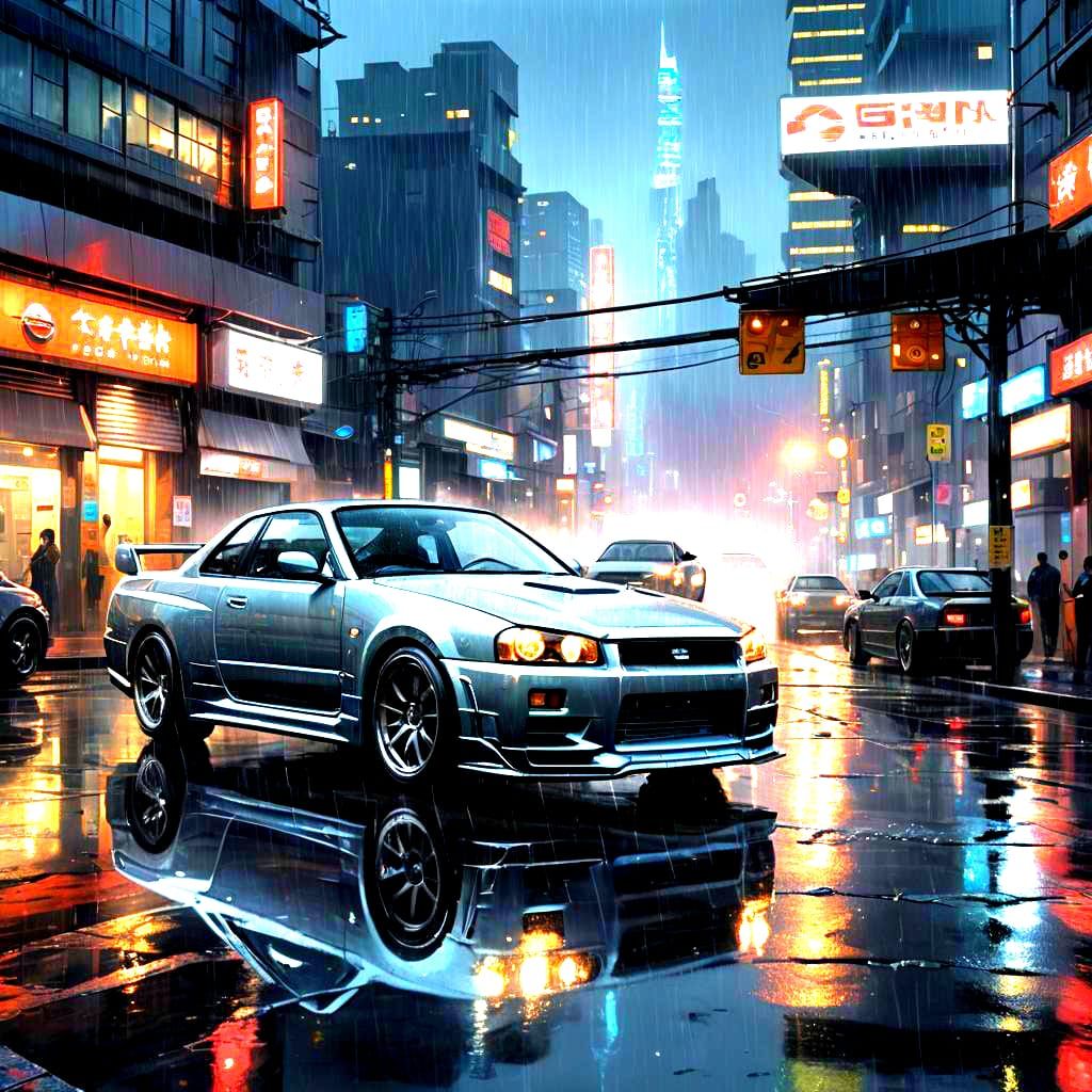 Nissan Skyline R-34 on Rainy Day as Matte Painting