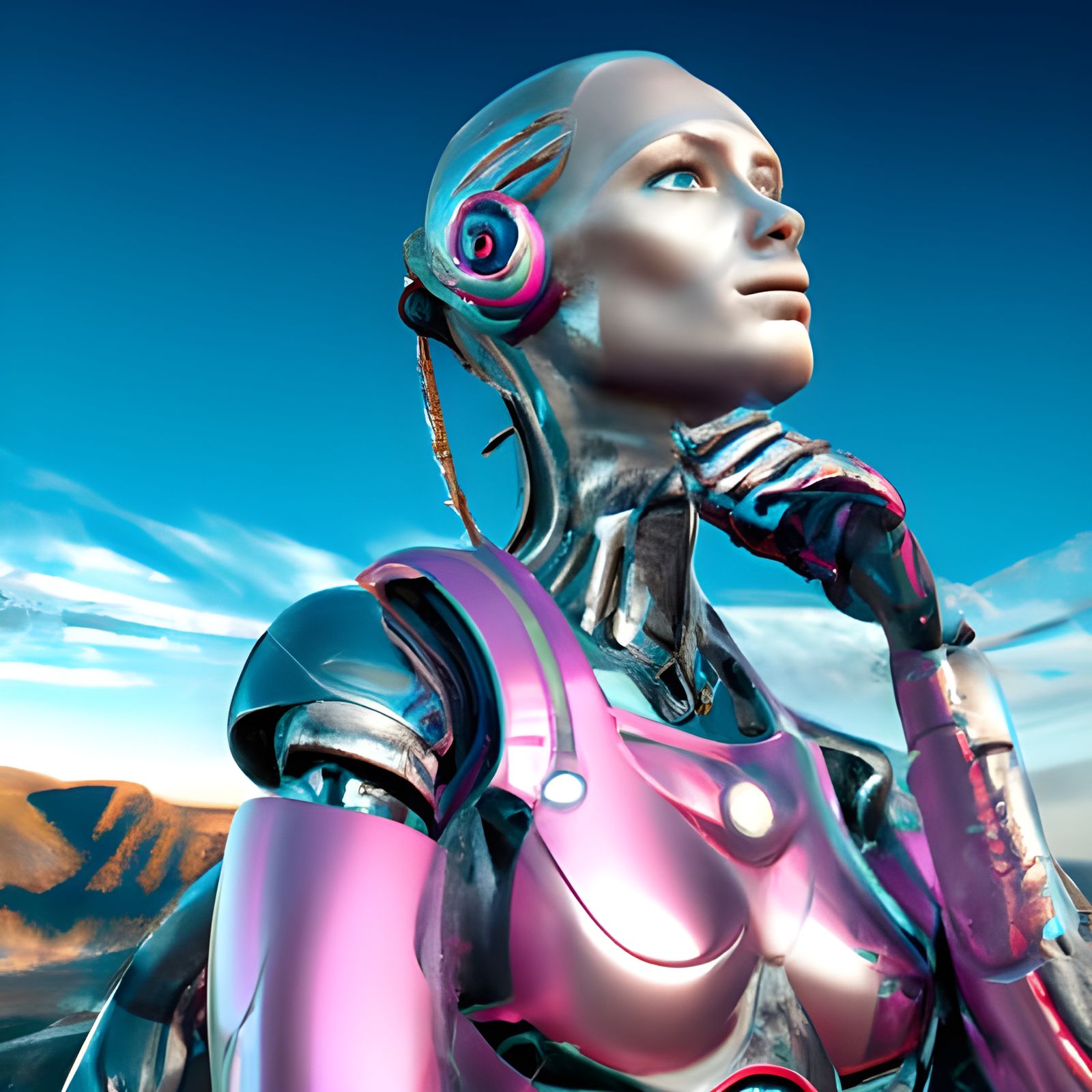 Pink Female Cyborg in Dystopian Landscape