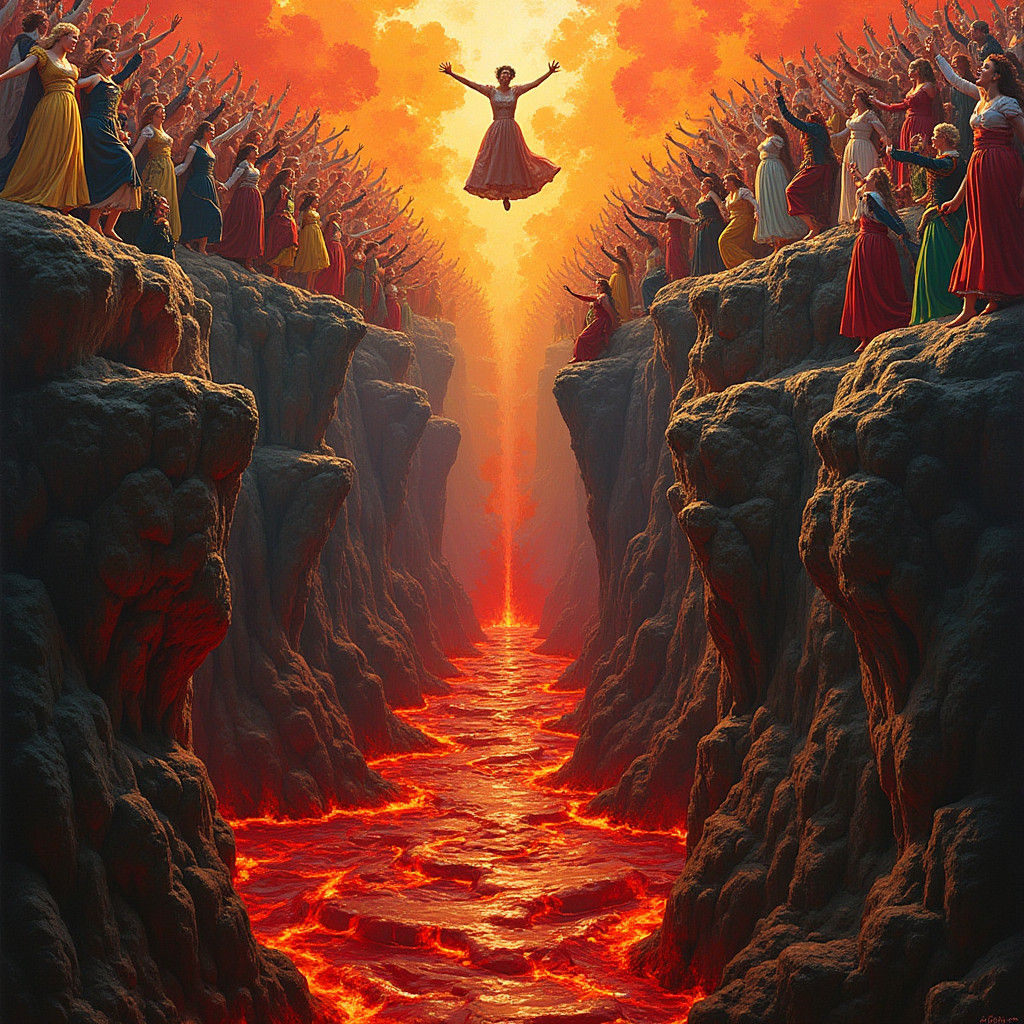 Renaissance Figures Leap into Lava: Pop Art Fusion