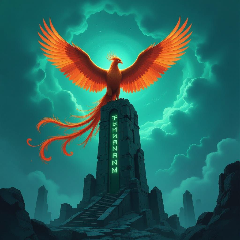 Majestic Phoenix on Obsidian Tower in Cosmic Nebula