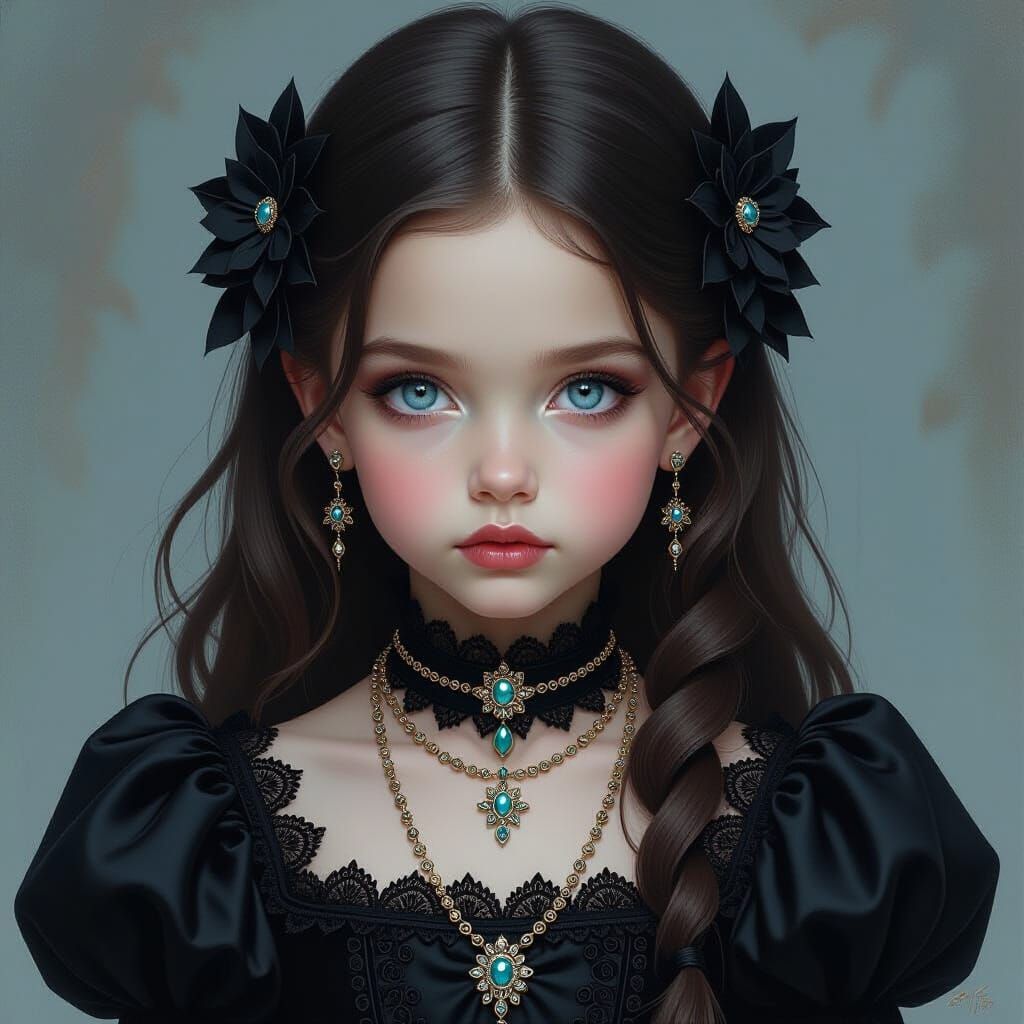Gothic Fantasy Portrait of Girl with Dark Hair and Blue Eyes