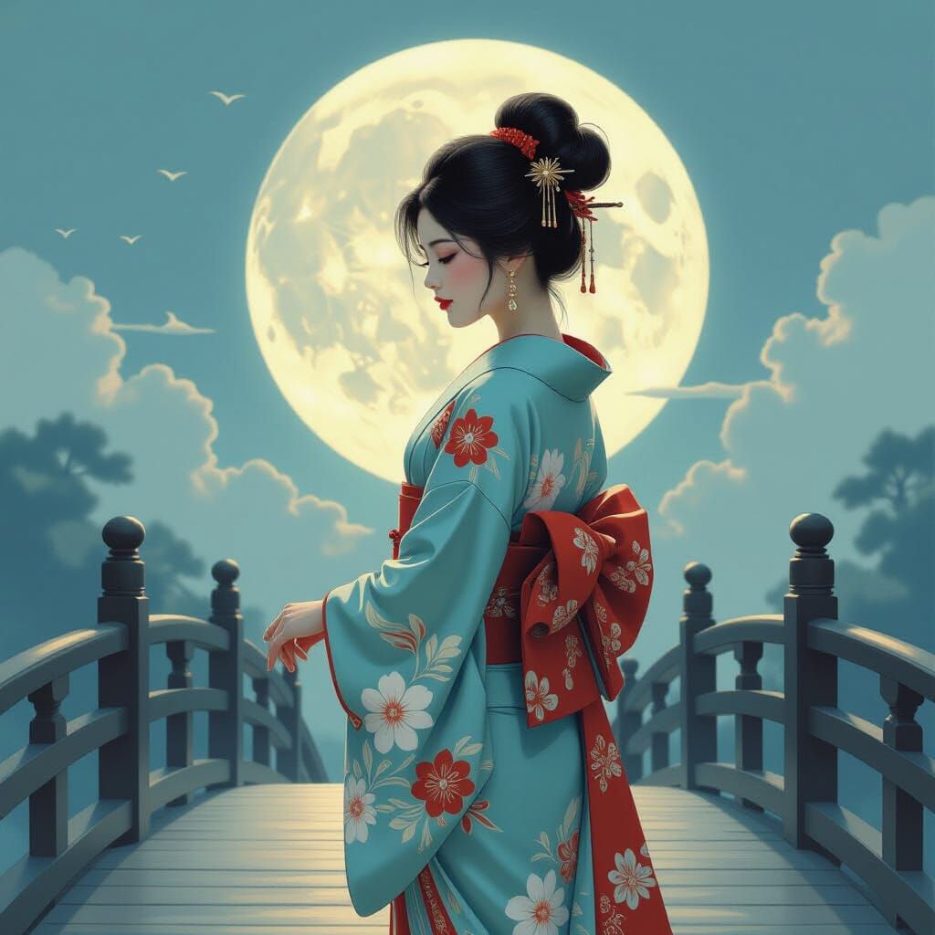 Oriental Woman in Kimono Under Moonlight: Dreamlike Oil Pain...