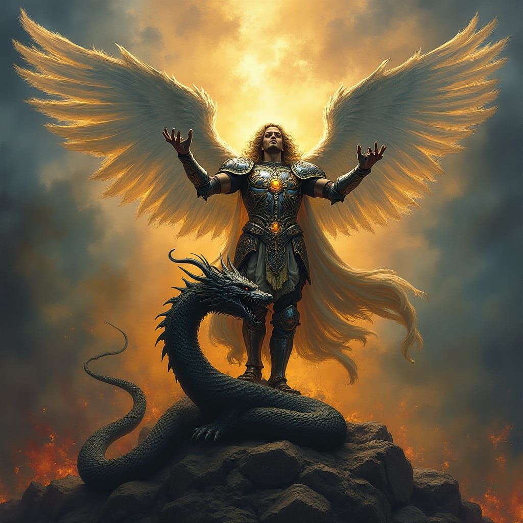 Majestic Archangel Triumphs Over Fallen Serpent in Apocalypt...
